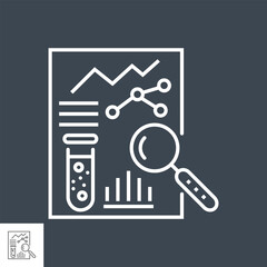 Medical analytics Related Vector Thin Line Icon. Research sheet with test bulb, graphs and a magnifying glass. Isolated on Black Background. Editable Stroke. Vector Illustration.