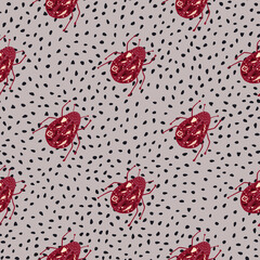 Red diagonal bugs ornament seamless pattern. Hand drawn insects shapes on light grey dotted background.