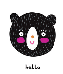 Cute Vector Ilustration with Black Bear Isolated on a White Background. Sweet Nursery Art with Funny Hand Drawn Teddy Bear. 