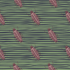 Diagonal purple bugs silhouettes seamless pattern. Doodle insects stylized print with green stripped background. © smth.design