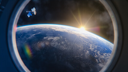 Breathtaking View of the Planet Earth from International Space Station Porthole. Rising Sun Illuminates Our Blue Planet's Clouds, Oceans and Peaceful Cities. Scientifically Accurate 3D VFX Rendering