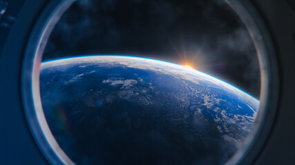Atemberaubender Blick auf den Planeten Erde vom Bullauge der Internationalen Raumstation aus. Die aufgehende Sonne beleuchtet unseren blauen Planeten und den vorbeifliegenden Satelliten. Wissenschaftlich genaues 3D-VFX-Rendering