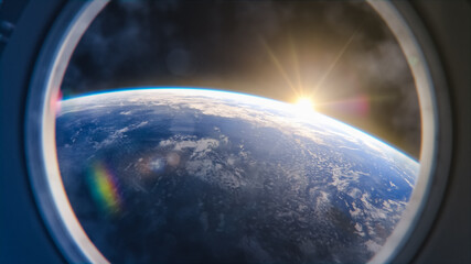 Breathtaking View of the Planet Earth from International Space Station Porthole. Rising Sun Illuminates Our Blue Planet's Clouds, Oceans and Peaceful Cities. Scientifically Accurate 3D VFX Rendering