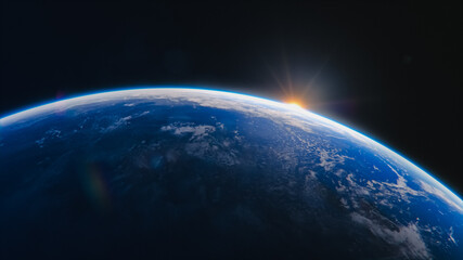 Breathtaking View of the Planet. Rising Sun Illuminates Our Blue Planet's Clouds, Oceans and...
