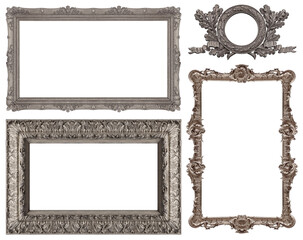 Set of silver frames for paintings, mirrors or photo isolated on white background