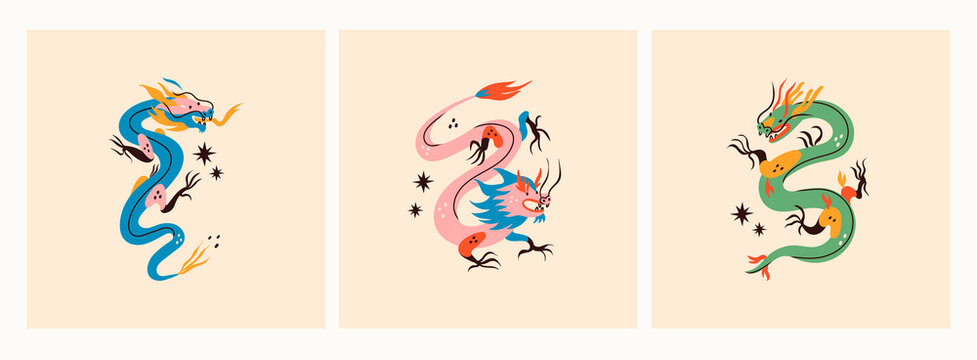 Three various cards with Dragons. Mythological creatures. Zodiac sign. Chinese asian cartoon style. Hand drawn colored Vector illustrations. Tattoo idea. Print templates. Every dragon is isolated 