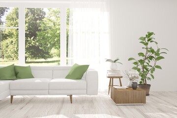 White living room with sofa and summer landscape in window. Scandinavian interior design. 3D illustration