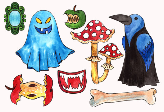 Watercolor Halloween set. Hand painting halloween symbols isolated on white background.