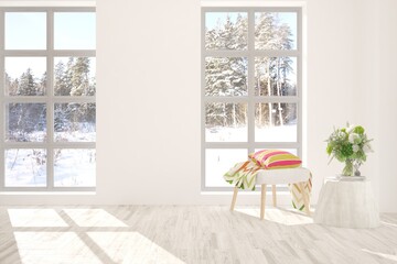 White room with armchair and winter landscape in window. Scandinavian interior design. 3D illustration
