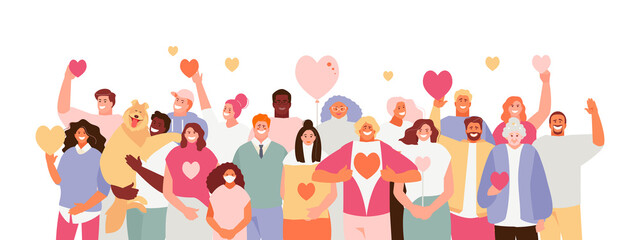 Large crowd of people volunteer with hearts in their hands. Volunteer day concept vector illustration banner