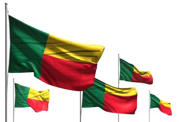 wonderful five flags of Benin are waving isolated on white - any occasion flag 3d illustration..