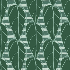 Hand drawn seamless outline leaf pattern. Contoured elements in green color on stripped background.