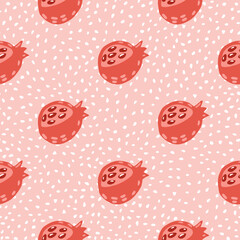 Pastel red ganet hand drawn silhouettes seamless pattern. Stylized fruit print with light pink dotted background.