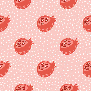 Pastel red ganet hand drawn silhouettes seamless pattern. Stylized fruit print with light pink dotted background.