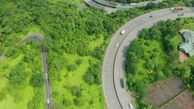 Top drone view of the Mumbai Pune Express way at Khandala crossing the Western Ghats of India