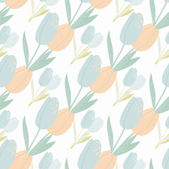Isolated light seamless pattern with blue and pink tulips. Pastel floral ornament on white background.