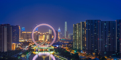 Close-up of night view of Ferris wheel in Tianjin Eye, Tianjin, China