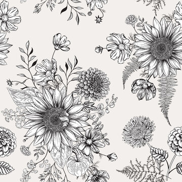 Seamless pattern with autumn flowers. Vector illustration.