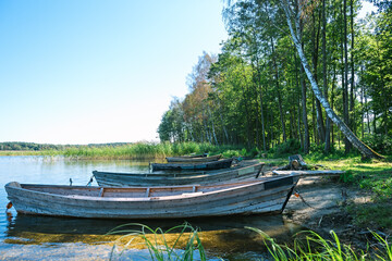 Old wooden boats on the Strusto lake. View of the third largest among the Braslav lakes. Braslav....