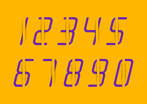 Set of violet numbers with shadow effect on yellow background