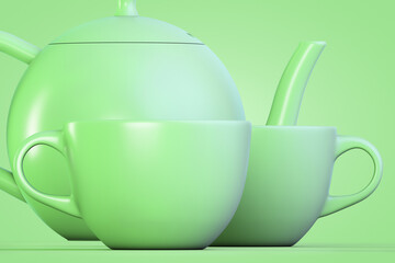 Tea set in green style. Two cups and a teapot.