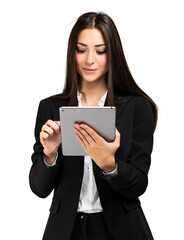 Woman using a tablet isolated on white