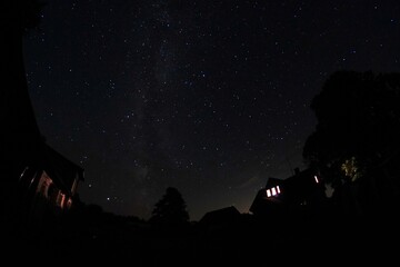 Blue dark night sky with many stars. Night sky over rural landscape. high ISO landscape with fisheye lens