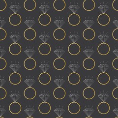Engagement Golden Ring with a Diamond gemstone. Simple geometric minimalistic Icon. Trendy Vector illustration. Repeating square Seamless Pattern. Textile or paper print. Wallpaper, dark background