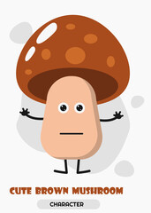 Emoji mushroom with brown head, eyes and hands. Autumn character, vegetable.