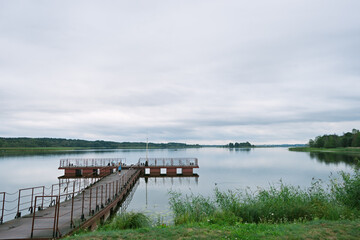 Obraz premium Iron pier on Lake Dryvyaty on a summer day. Braslav lakes. Belarus