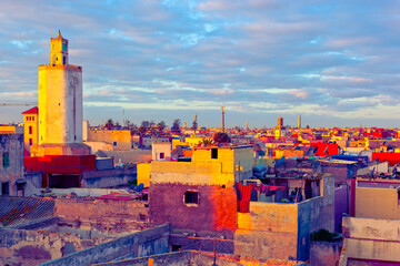 Great Mosque in Fortress of Mazagan and El Jadida cityscape at sunrise. Morocco
