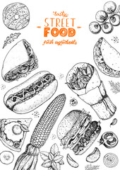 Fast food hand drawn sketch collection. Vector illustration. Junk food set. Engraved style illustration. Street food top view frame