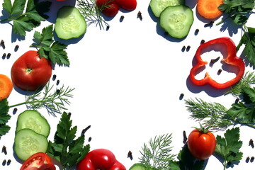 Chopped vegetables in a circle lie on a white surface