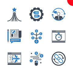 SEO Related Vector Glyph Icons Set. Pay per click, press relise, return on investment, landing page, backlinks, perfomance, consulting, strategy for victory, seo tag optimization. 