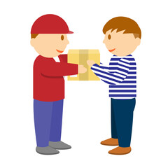 A delivery man handing a parcel box to his customer cartoon vector