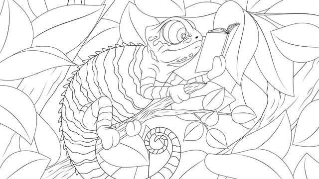 Funny chameleon reading a book