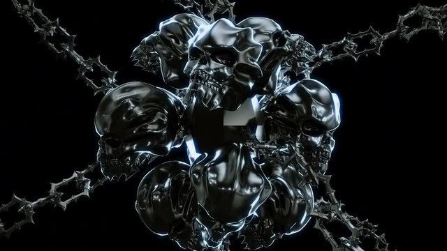 Demonic Shere With Chains VJ Loop - is a motion graphics clip featuring metal demons heads with spiky chains around rotating and zooming to viewer. This video is perfect for VJ thematic sets, metal an