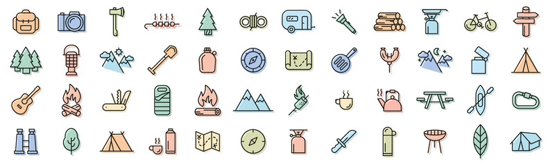 Camping and outdoor outline icons vector - obrazy, fototapety, plakaty