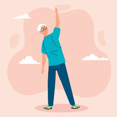 senior man performing stretching with clouds on background vector illustration design