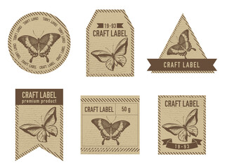 Craft labels vintage design with illustration of emerald swallowtail, swallowtail butterfly