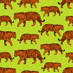 Modern seamless vector tropical colourful pattern with walking tigers on green