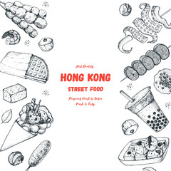 Hong kong street food frame. Chinese food menu design template. Engraved style illustration. Asian street food sketch. Vintage hand drawn sketch, vector illustration.