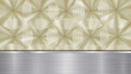 Background consisting of a golden shiny metallic surface and one horizontal polished silver plate located below, with a metal texture, glares and burnished edges