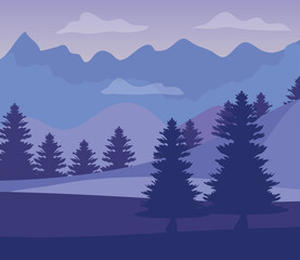 purple landscape with silhouettes of mountains with pine trees vector illustration design
