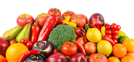 Delicious vegetables and fruits isolated on white