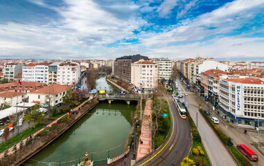 Obraz premium Porsuk River aerial view in Eskisehir City. Eskisehir is populer tourist destination in Turkey.