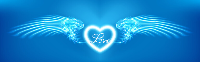 Light cyan heart and angel wings on blue background. Glowing fantasy, Valentines day attribute. Inscription love. Happy greeting card silhouette illuminated luxury glow. Design vector illustration