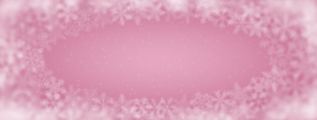 Christmas background of snowflakes of different shape, blur and transparency, arranged in a ellipse, on pink background