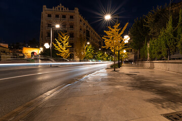 Gran Via de Granada at night and Elvira Gate in the background