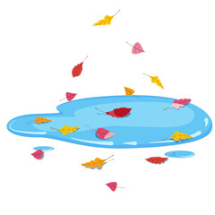 Naklejka na ściany i meble Autumn puddle with falling colorful leaves. Vector illustration isolated